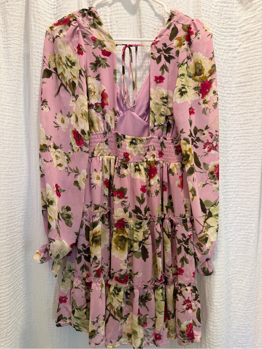 LUSH Pink Floral Open Back Tiered Mini Dress Long Sleeve - Picture 6 of 7